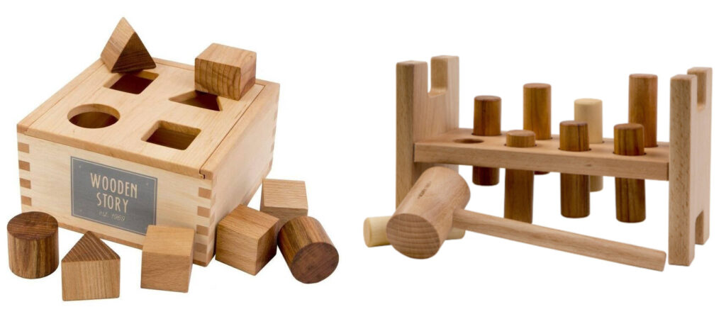 Two wooden child toy's. One board with wooden pegs and a hammer. The hammer can be used knock the pegs through the holes in the board. And a stove with round, rectangular, triangular and square holes with round, rectangular, triangular and square bloks, which tightly fit in the stove.